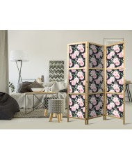 Japoniška kambario pertvara - Bijūnai - Rožinės gėlės ir žali lapai grafito fone