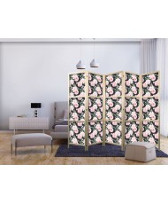 Japoniška kambario pertvara - Bijūnai - Rožinės gėlės ir žali lapai grafito fone