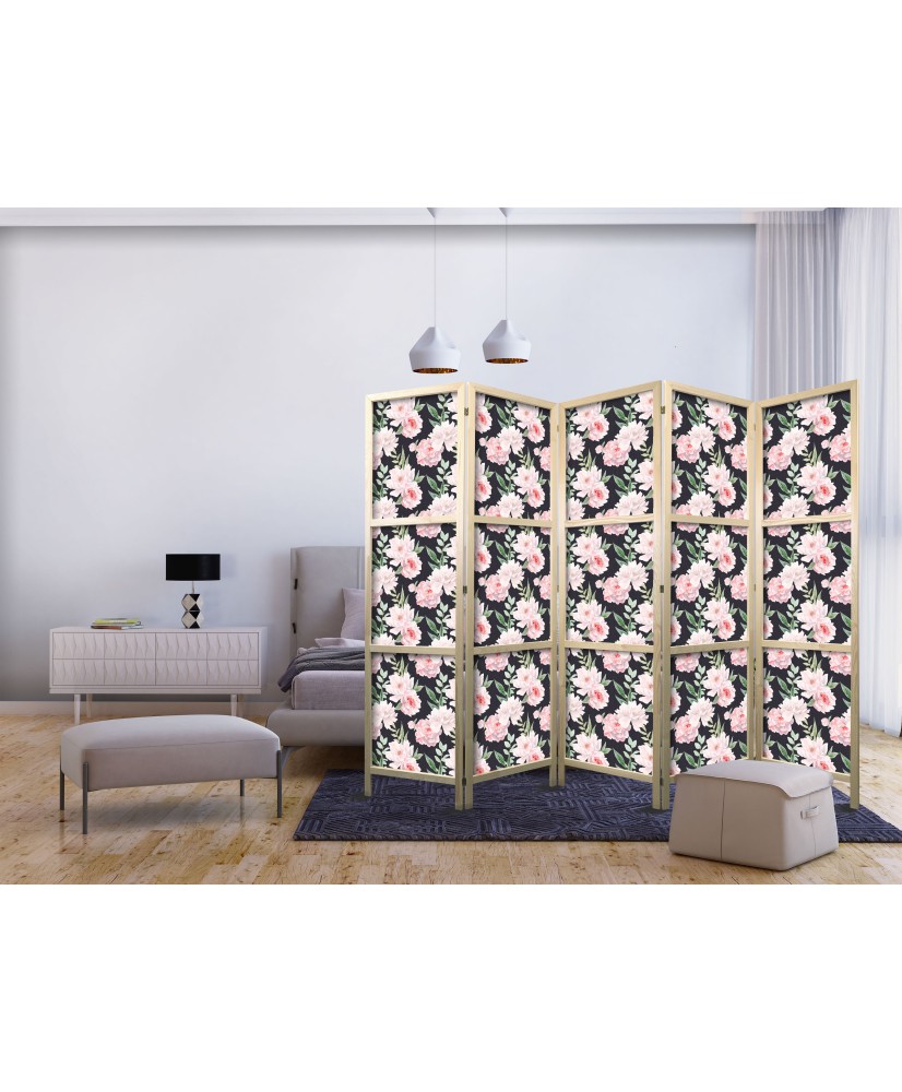 Japoniška kambario pertvara - Bijūnai - Rožinės gėlės ir žali lapai grafito fone