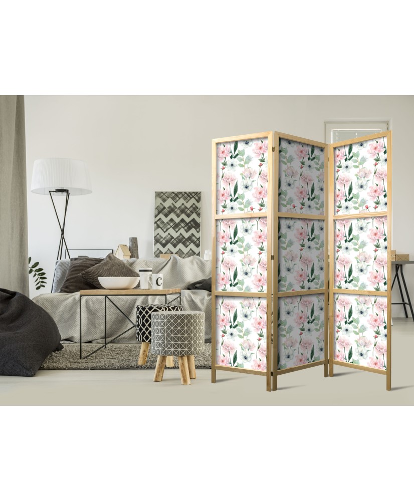Japoniška kambario pertvara - Bijūnai - Rožinės ir baltos gėlės bei žali lapai baltame fone