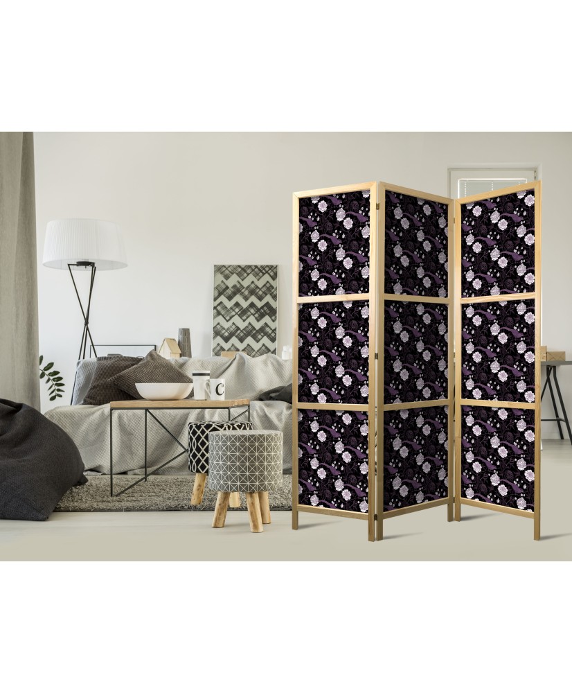 Japoniška kambario pertvara - Paukščiai tarp gėlių - Fazanai tarp bijūnų - violetinė