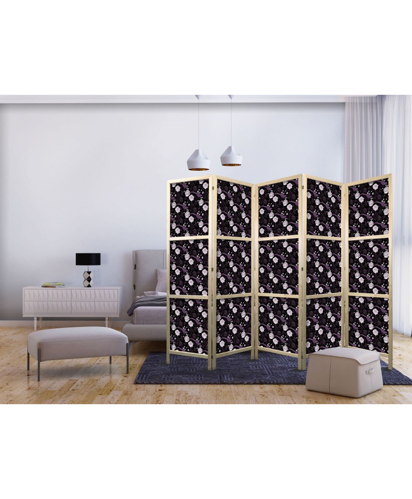 Japoniška kambario pertvara - Paukščiai tarp gėlių - Fazanai tarp bijūnų - violetinė