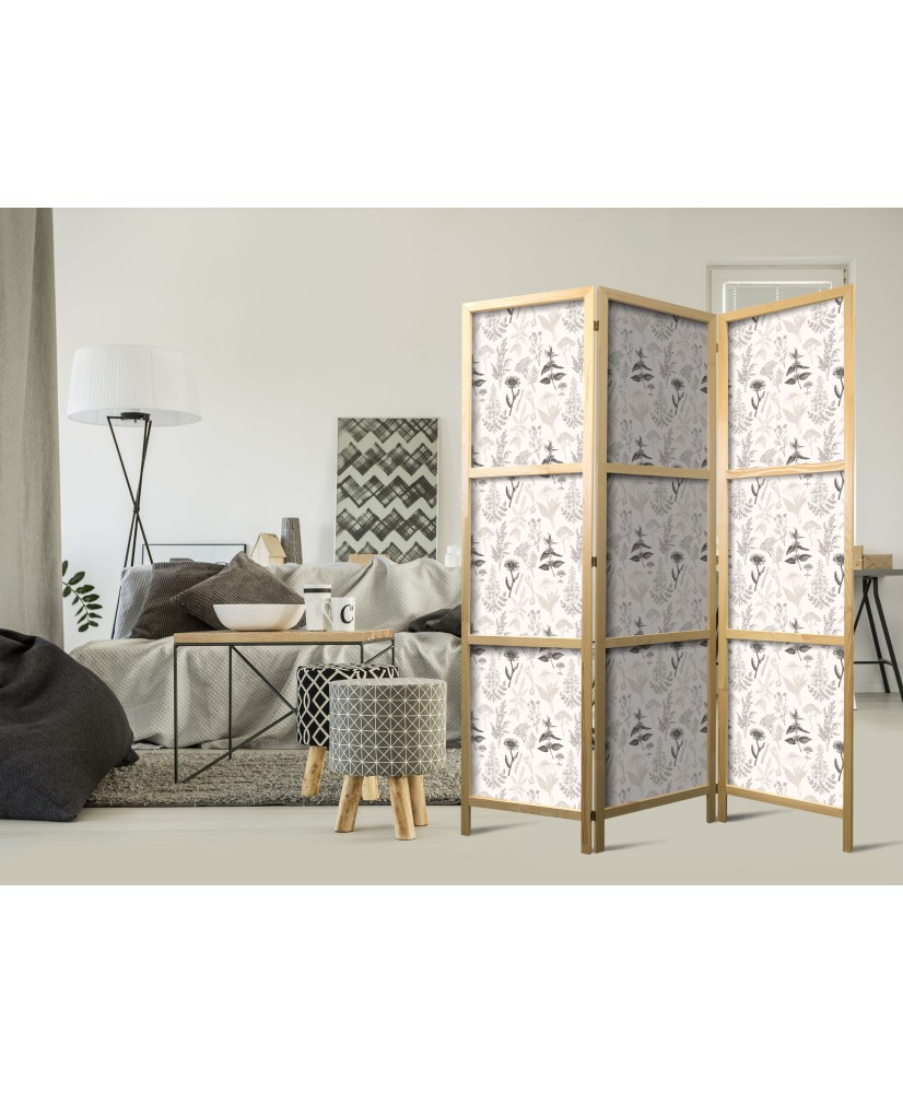 Japoniška kambario pertvara - Botaninė iliustracija - Gėlių ir žolelių piešinys smėliniai pilkais tonais