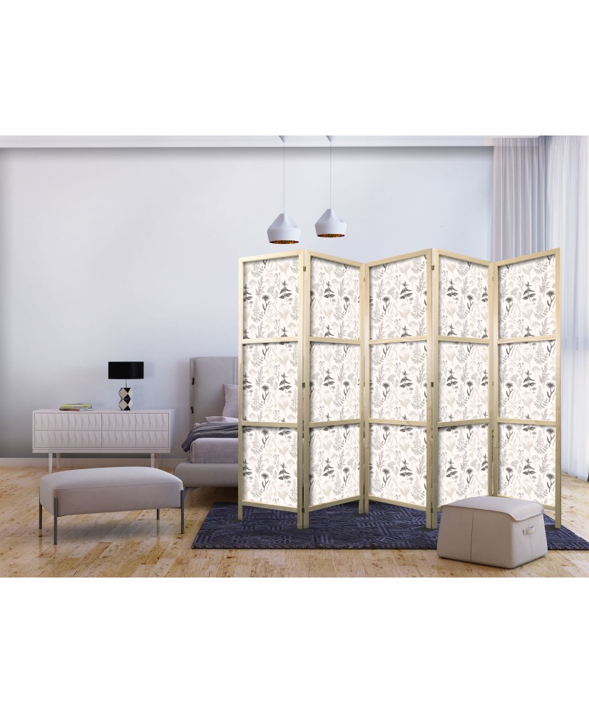 Japoniška kambario pertvara - Botaninė iliustracija - Gėlių ir žolelių piešinys smėliniai pilkais tonais