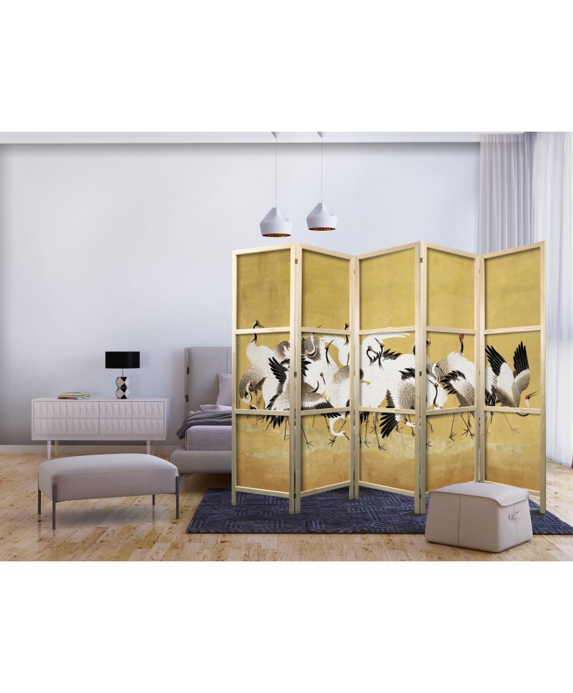 Japoniška kambario pertvara - Japoniškos gervės - paukščių pulkas auksiniame fone pagal Ishida Yūtei tapybą