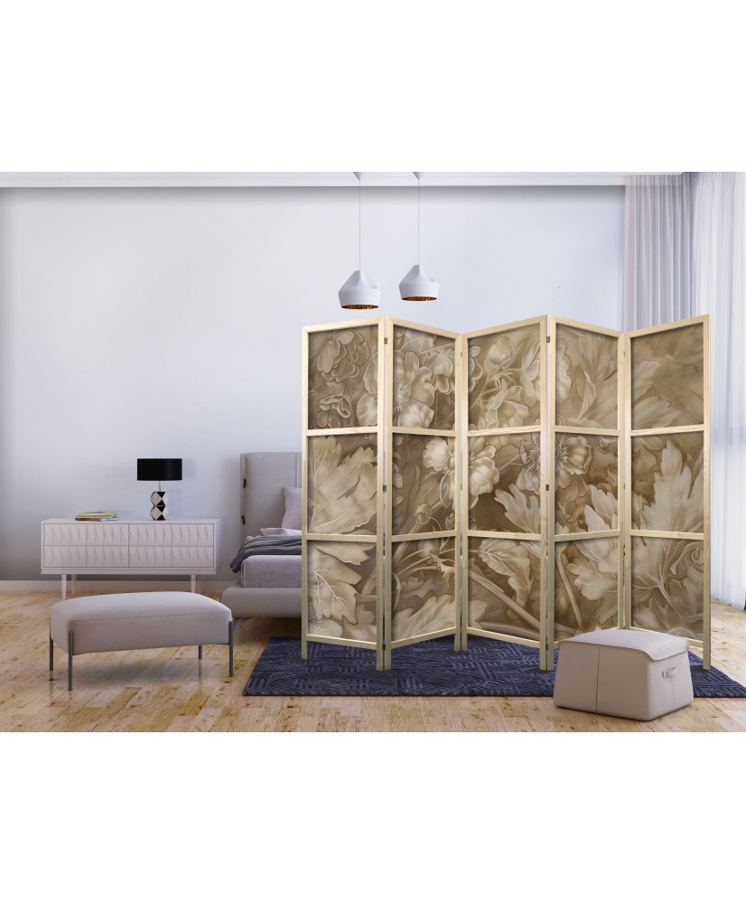 Japoniška kambario pertvara - Raižyti baroko ornamentai - sodri kompozicija sepijos tonais