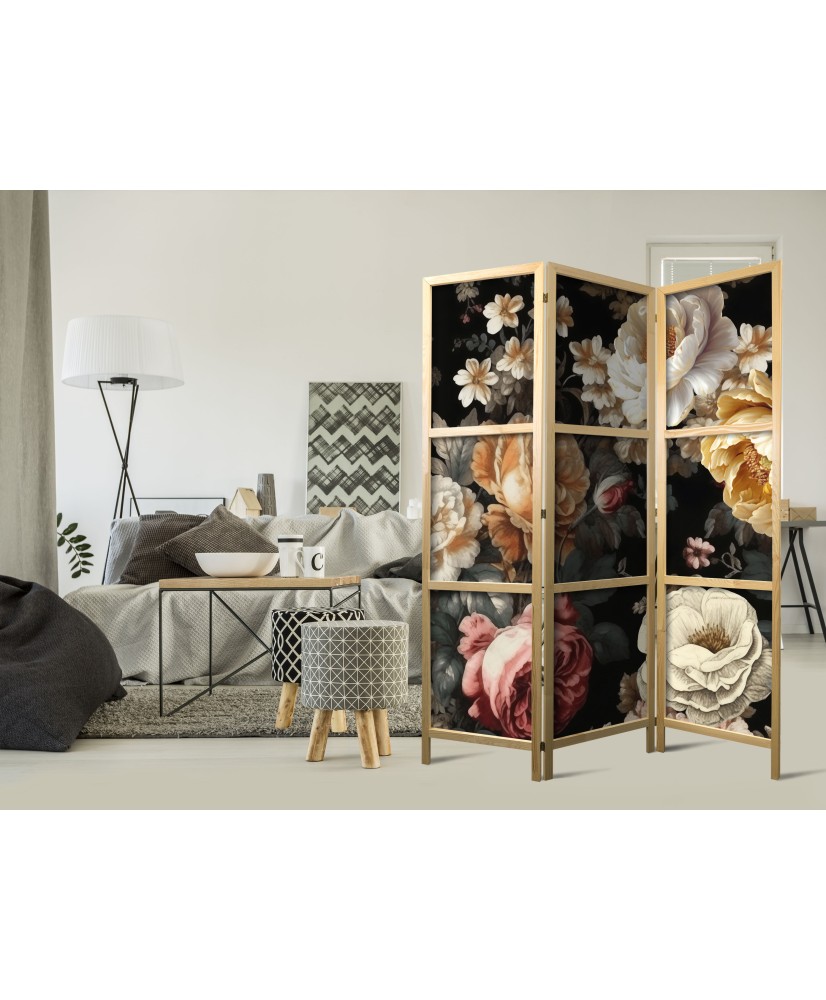 Japoniška kambario pertvara - Vintage floristika - didelės spalvingos gėlės juodame fone