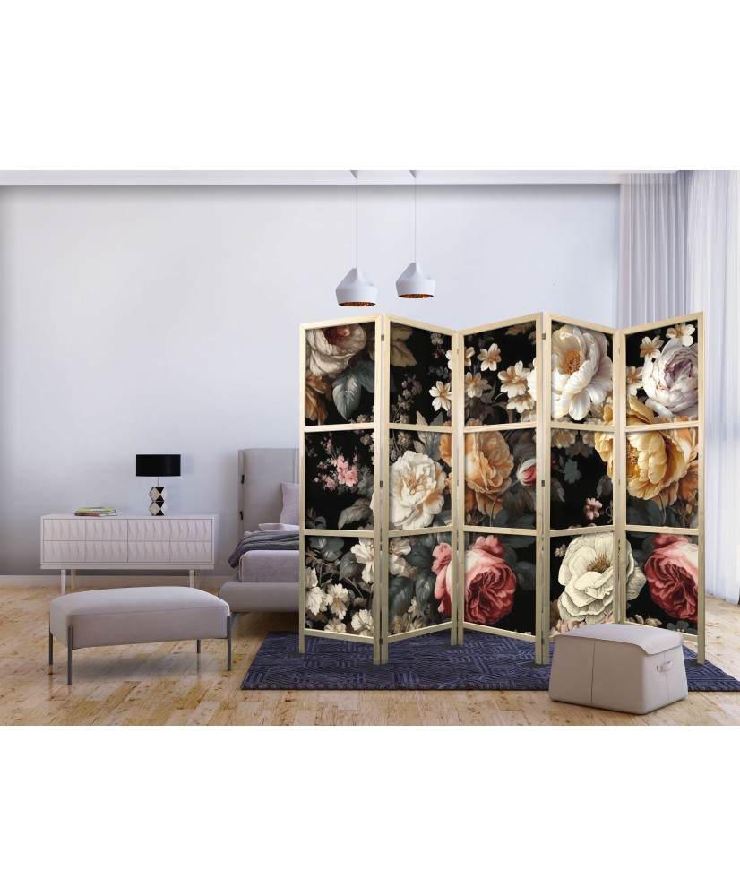 Japoniška kambario pertvara - Vintage floristika - didelės spalvingos gėlės juodame fone