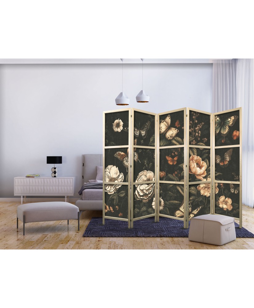 Japoniška kambario pertvara - Paslaptingas sodas - drugeliai virš gėlių - kaimiškas vakaras