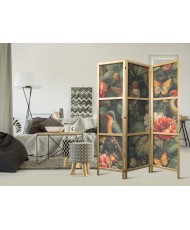 Japoniška kambario pertvara - Botanikos sodas - gėlės, paukščiai ir drugeliai - spalvinga iliustracija