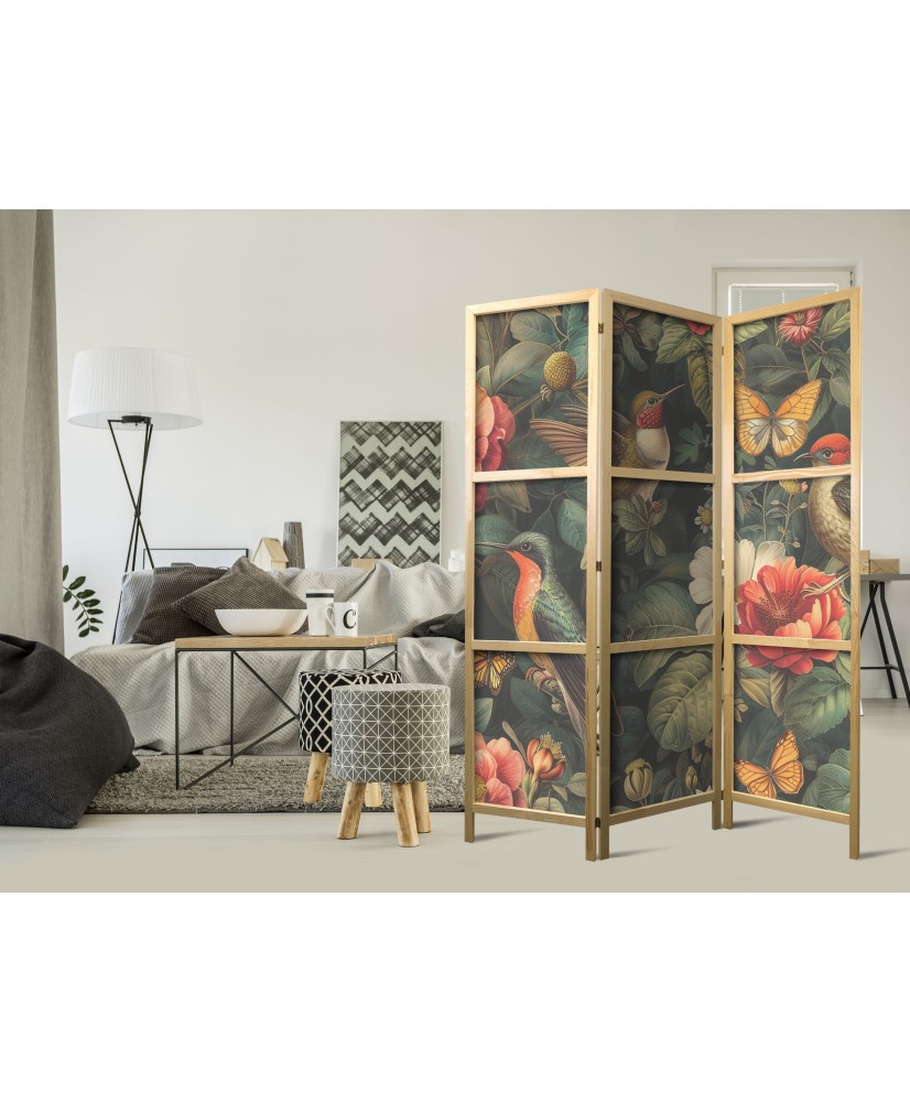 Japoniška kambario pertvara - Botanikos sodas - gėlės, paukščiai ir drugeliai - spalvinga iliustracija