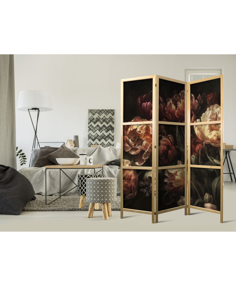 Japoniška kambario pertvara - Įspūdingos tulpės - raudonų ir baltų gėlių puokštė juodame fone