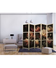 Japoniška kambario pertvara - Įspūdingos tulpės - raudonų ir baltų gėlių puokštė juodame fone