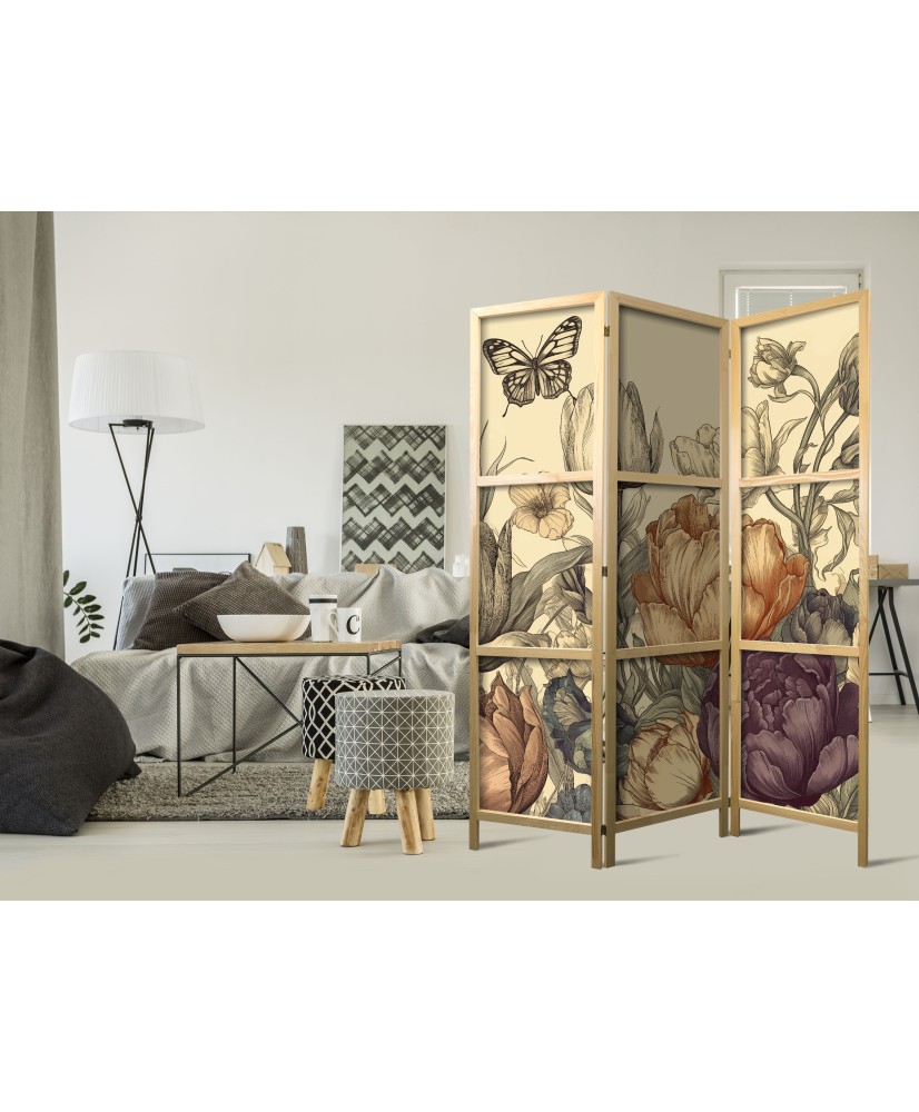 Japoniška kambario pertvara - Tulpės kreminiuose atspalviuose - gėlių ir drugelių iliustracija šviesiame fone