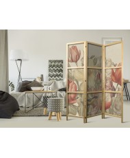 Japoniška kambario pertvara - Puokštė su tulpėmis - spalvingos gėlės šviesiame fone - iliustracija