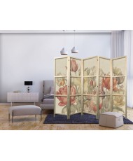 Japoniška kambario pertvara - Puokštė su tulpėmis - spalvingos gėlės šviesiame fone - iliustracija