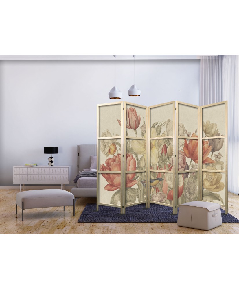 Japoniška kambario pertvara - Puokštė su tulpėmis - spalvingos gėlės šviesiame fone - iliustracija