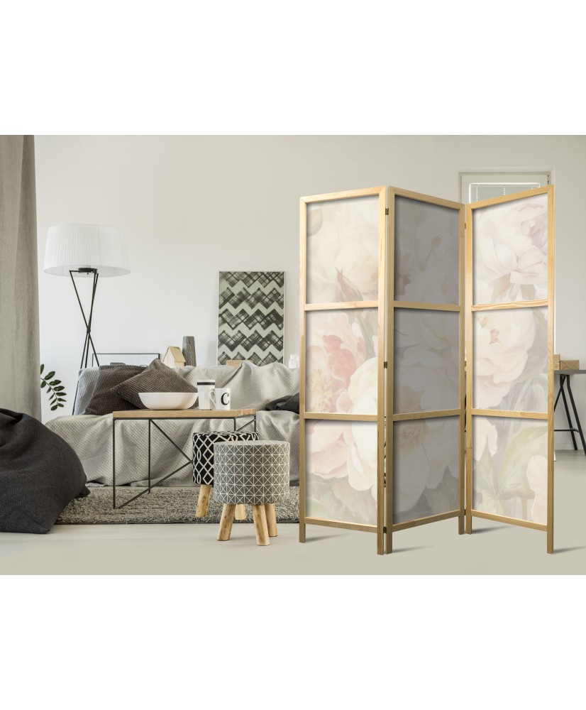 Japoniška kambario pertvara - Žydintys bijūnai - ryškios didelės gėlės baltame rūke