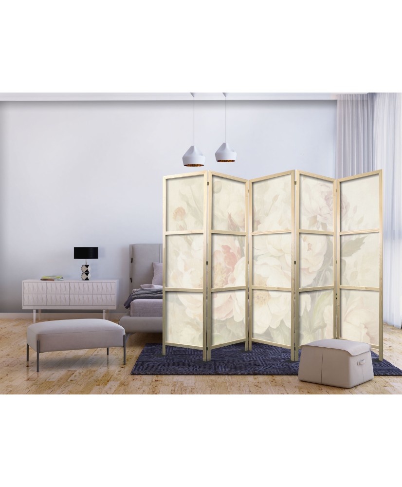 Japoniška kambario pertvara - Žydintys bijūnai - ryškios didelės gėlės baltame rūke