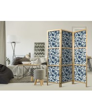 Japoniška kambario pertvara - Rožių vijokliai - monochrominiai mėlyni paukščiai tarp rožių