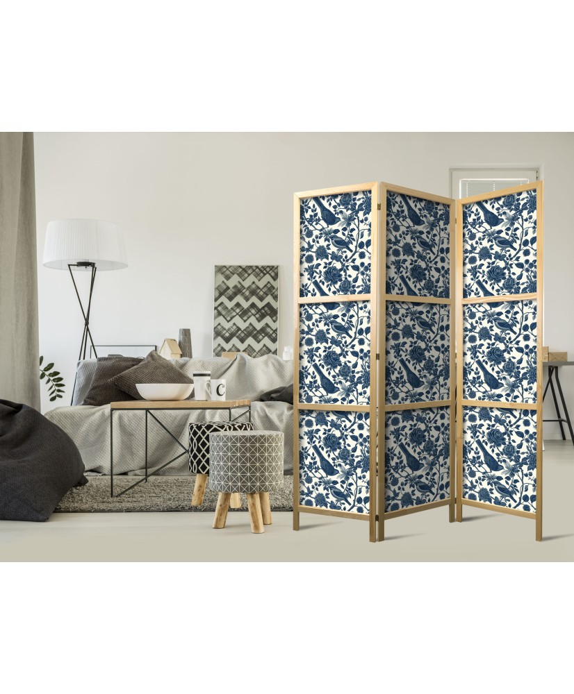 Japoniška kambario pertvara - Rožių vijokliai - monochrominiai mėlyni paukščiai tarp rožių