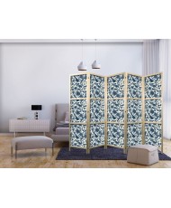 Japoniška kambario pertvara - Rožių vijokliai - monochrominiai mėlyni paukščiai tarp rožių